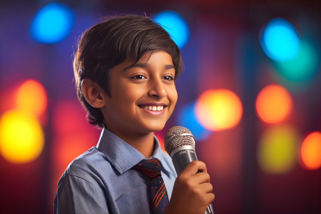 Student delivering a confident 5-minute speech on stage