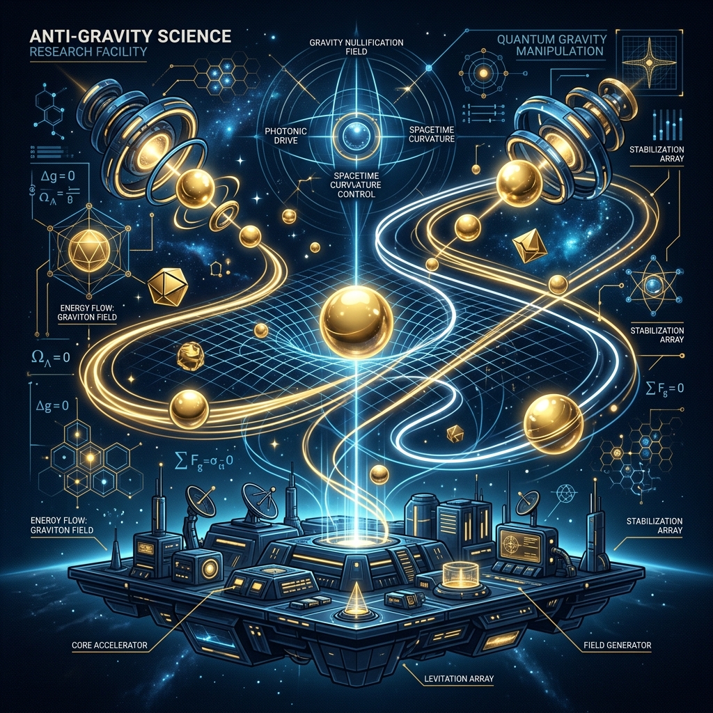 Futuristic illustration of anti-gravity science showing floating spheres and quantum grids