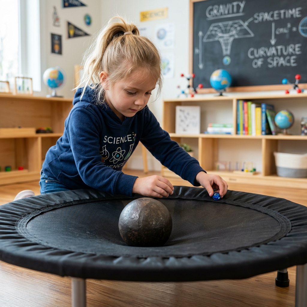 A child rolling a metal ball on a small trampoline to show spacetime warping