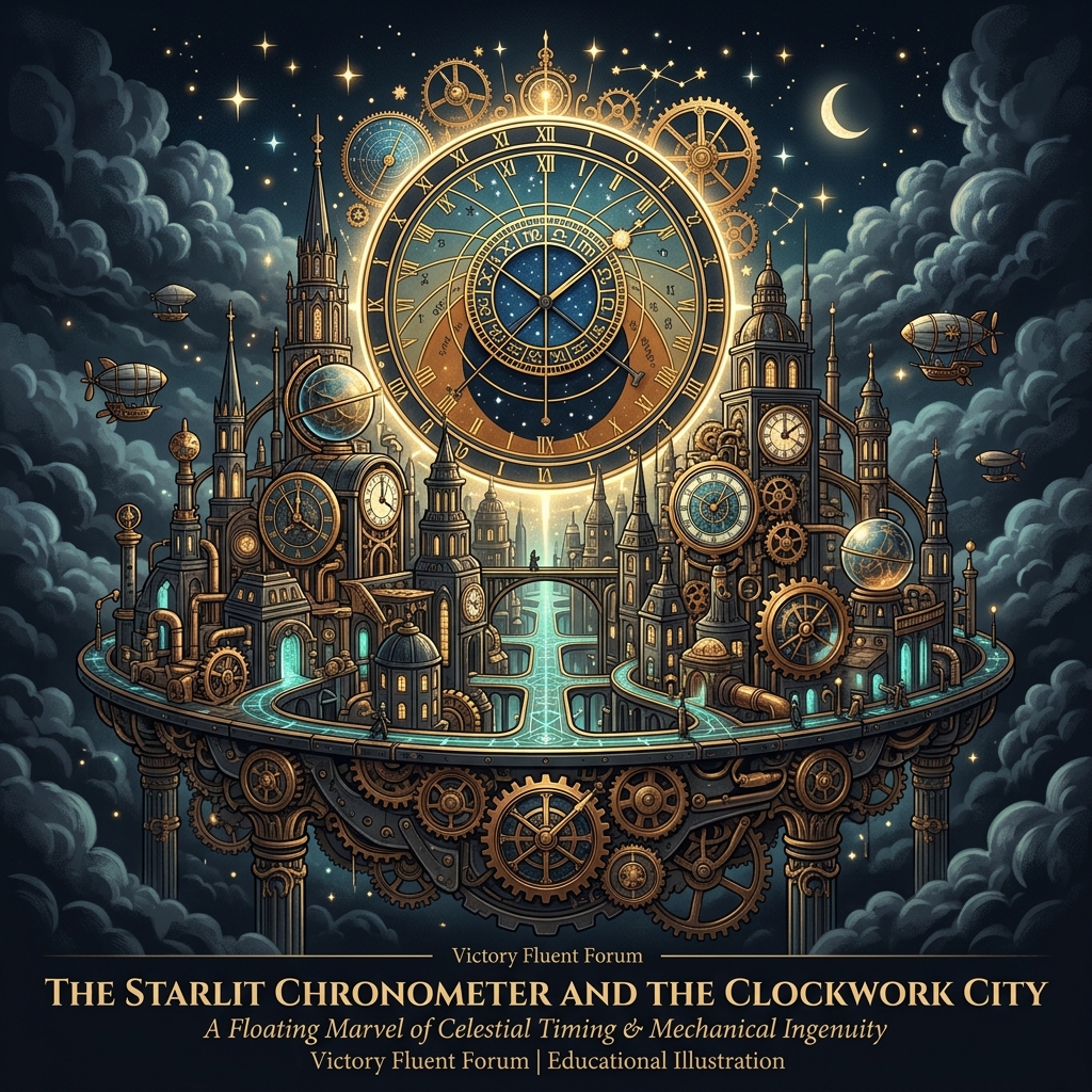 A whimsical fantasy clockwork city floating in the clouds with glowing brass gears