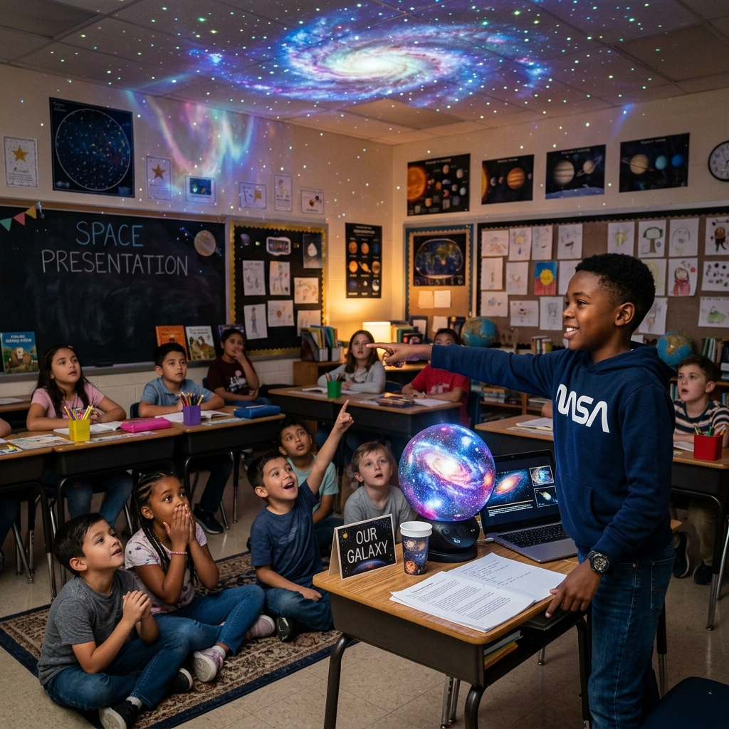 A child presenting space science with a star projector in a classroom, demonstrating how to improve public speaking