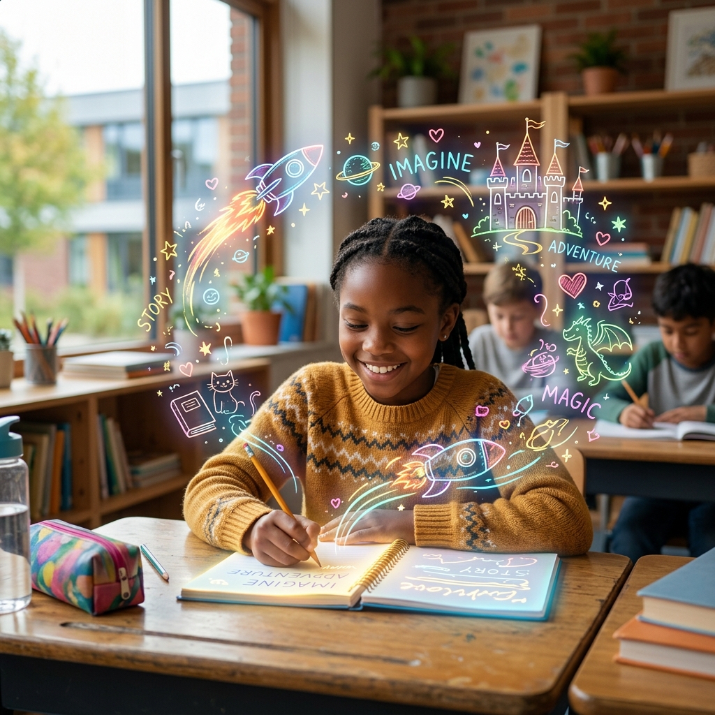 A young student happily writing in a story journal with magical creative elements floating around