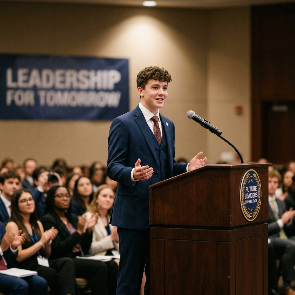 Confident young teenager delivering a speech at a podium
