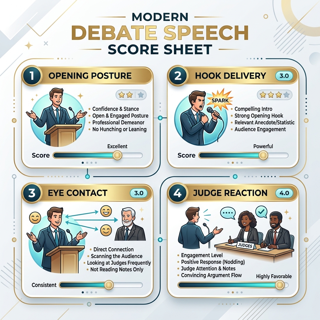 Infographic illustrating judge scoring sheet criteria for debate openings