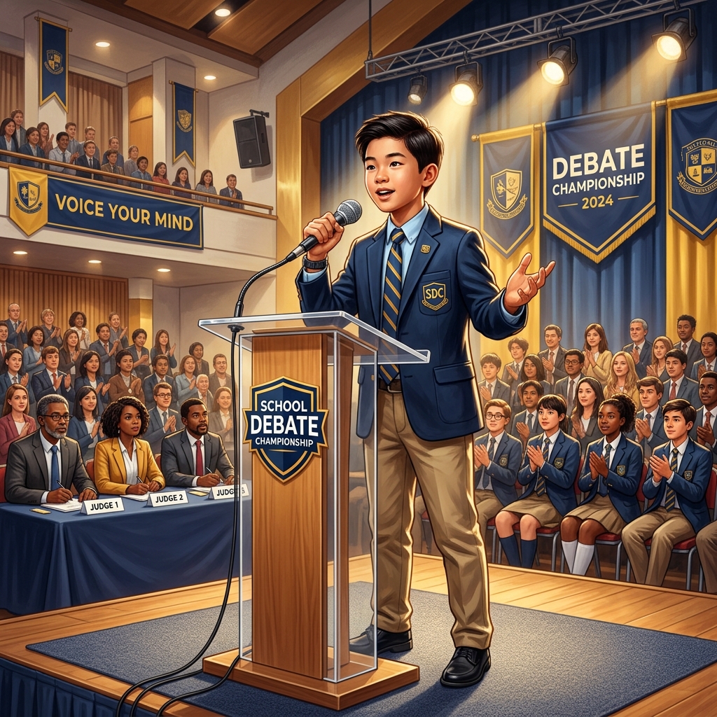 Young student delivering a powerful debate speech hook on stage before judges