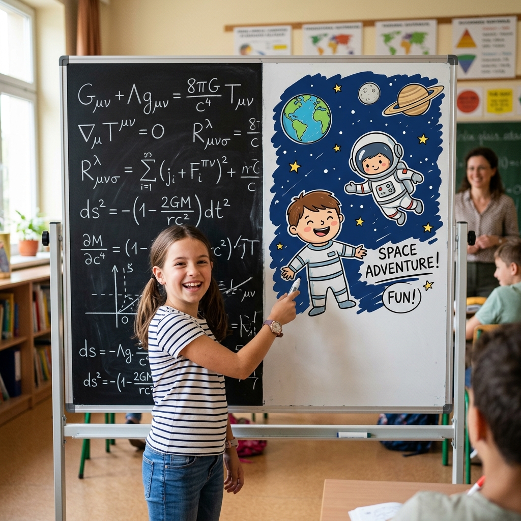 A child student pointing to a split whiteboard illustrating complex math simplified into a cartoon astronaut