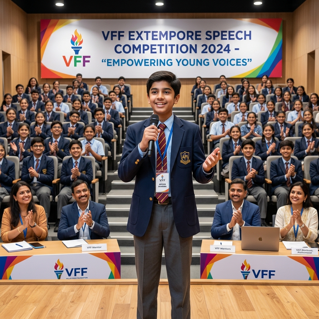 Student delivering an extempore speech confidently on stage