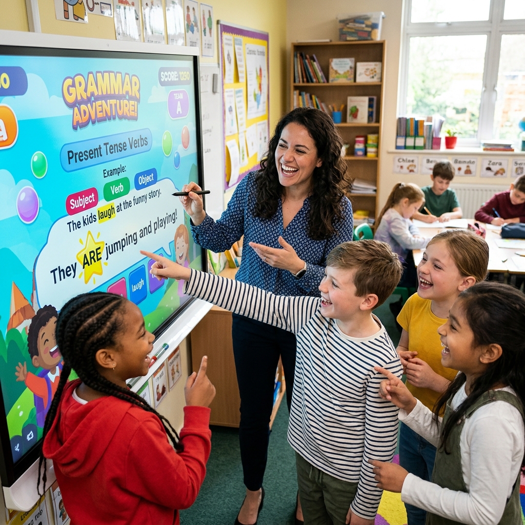 Happy teacher and students playing grammar game