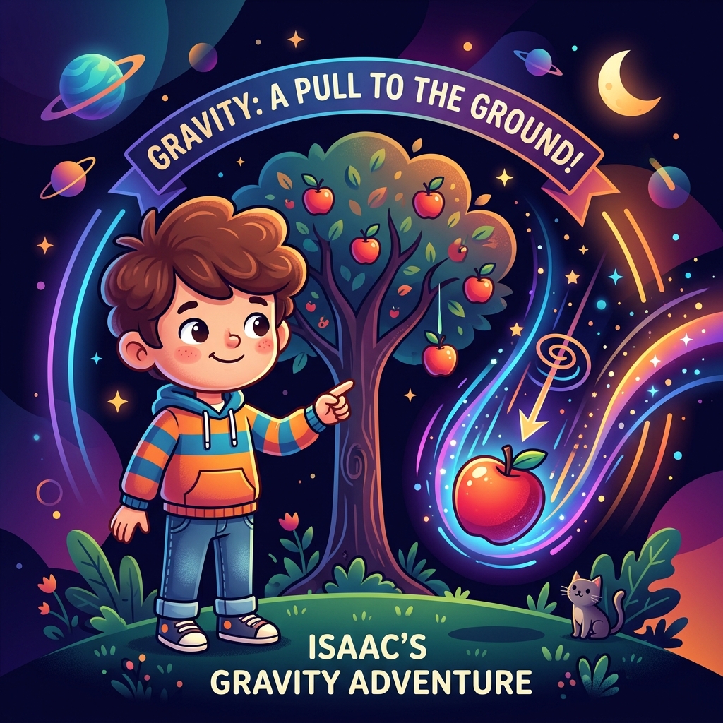 Fun illustration of Newton's falling apple demonstrating gravity to kids
