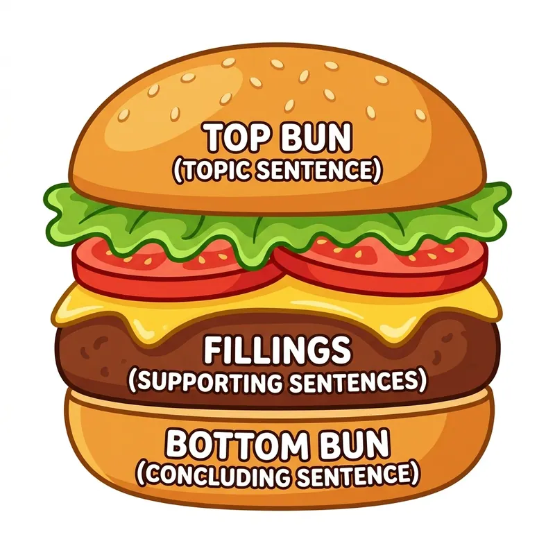 Educational illustration of the Hamburger Paragraph Method for kids