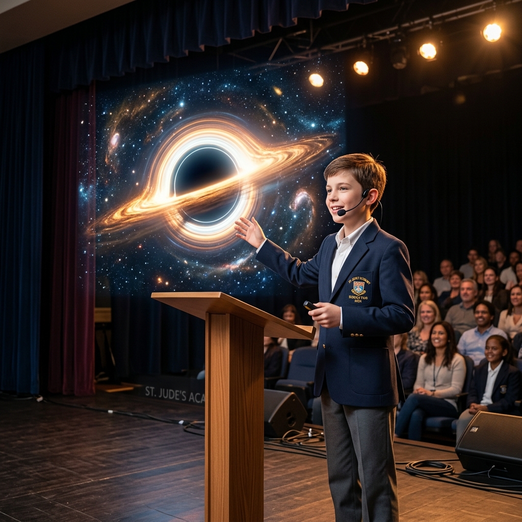 A young student presenting a space model in class, demonstrating how to improve public speaking through visual props