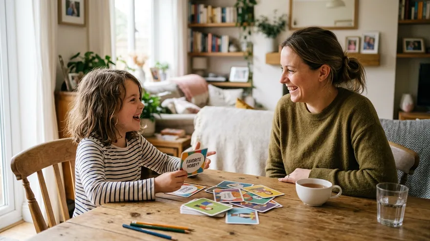 Child happily practicing spoken English at home with mother using interactive conversation prompts