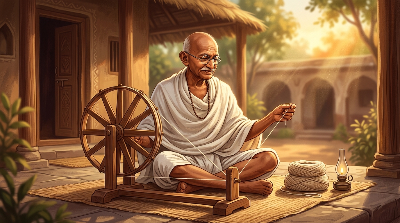 Mahatma Gandhi sitting peacefully spinning charkha symbol of truth and non-violence
