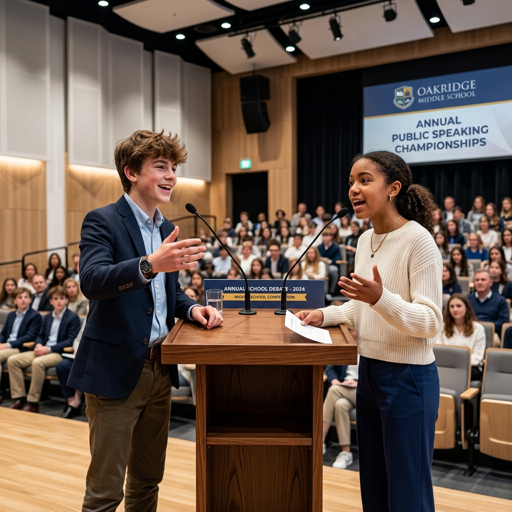 Two confident middle school students at a debate podium