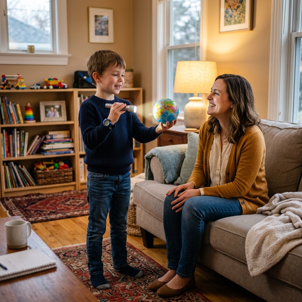 A child practicing a speech at home with a globe and flashlight, showing how to improve public speaking