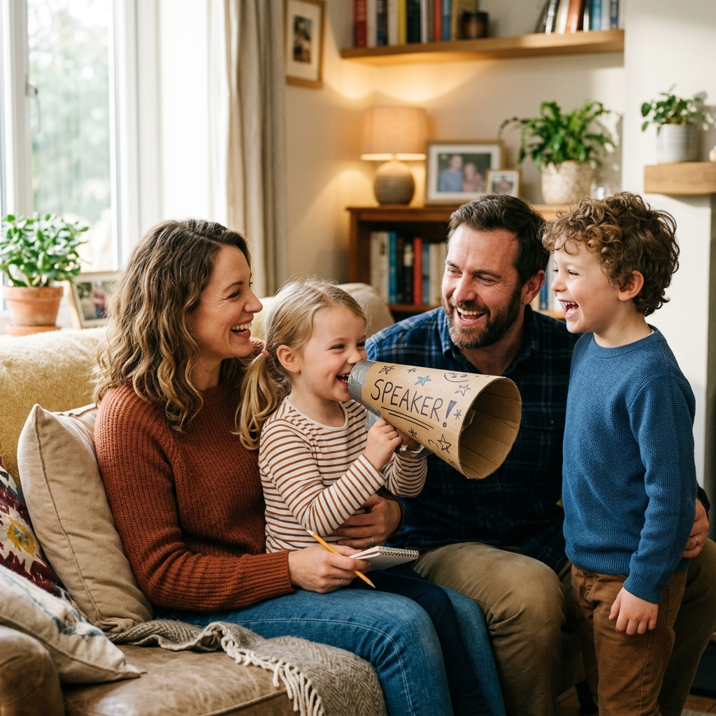 Parents playing a public speaking game with their child at home
