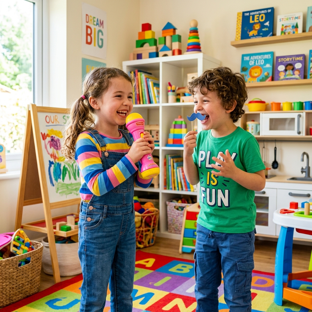 Two children playing a fun acting and speaking game with a toy microphone