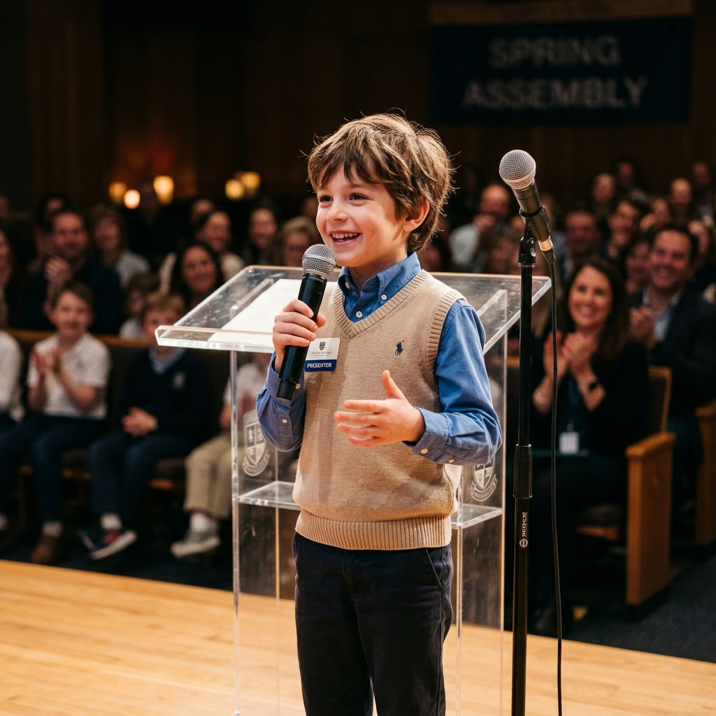 Young student speaking comfortably with mentor support during public speaking practice