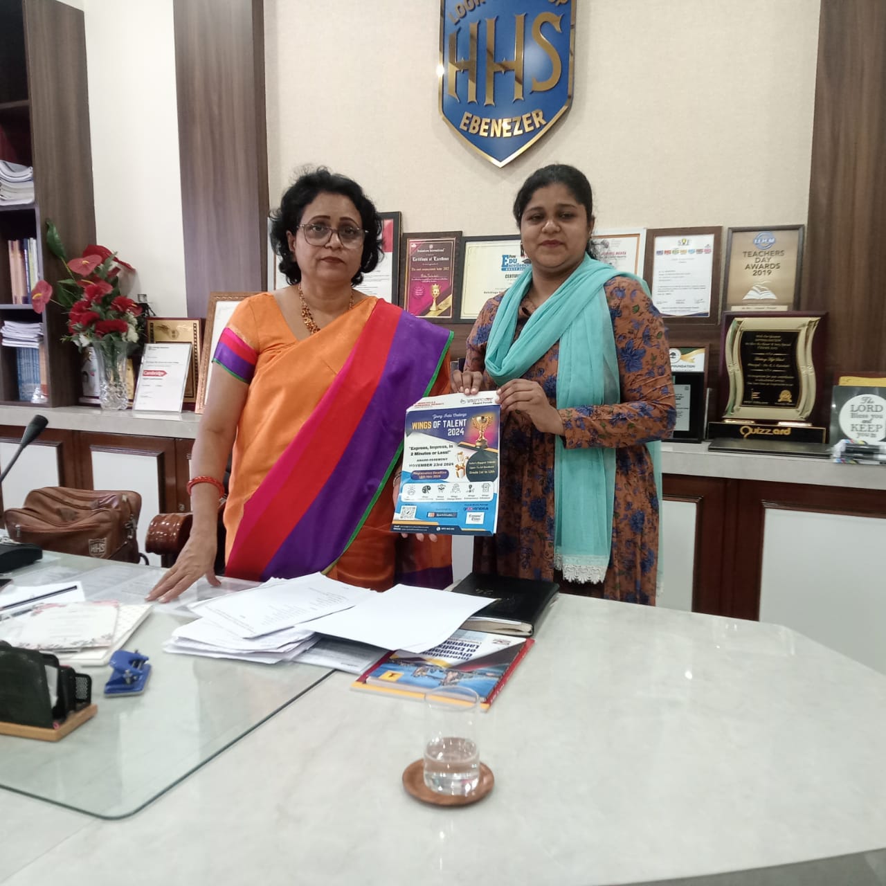 Simran Bagwan meeting with the school principal at HHS Ebenezer School to discuss the Wings of Talent 2024 programme and school partnership for communication skills development