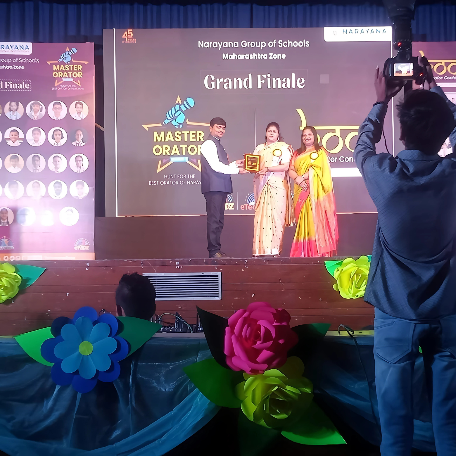 Simran Bagwan receiving memento at Narayana Group of Schools Master Orator Grand Finale, Maharashtra Zone — recognising her role as expert judge and mentor