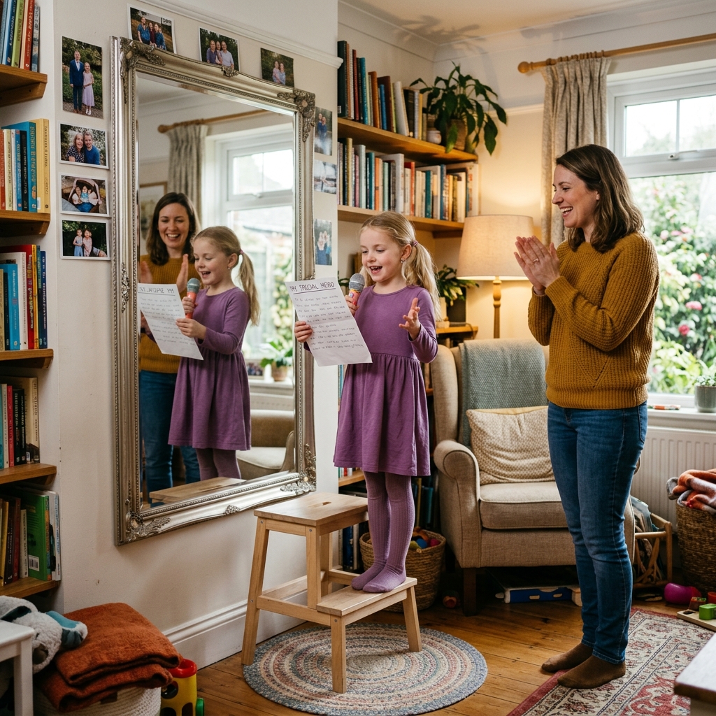 Child practicing speech in front of a mirror