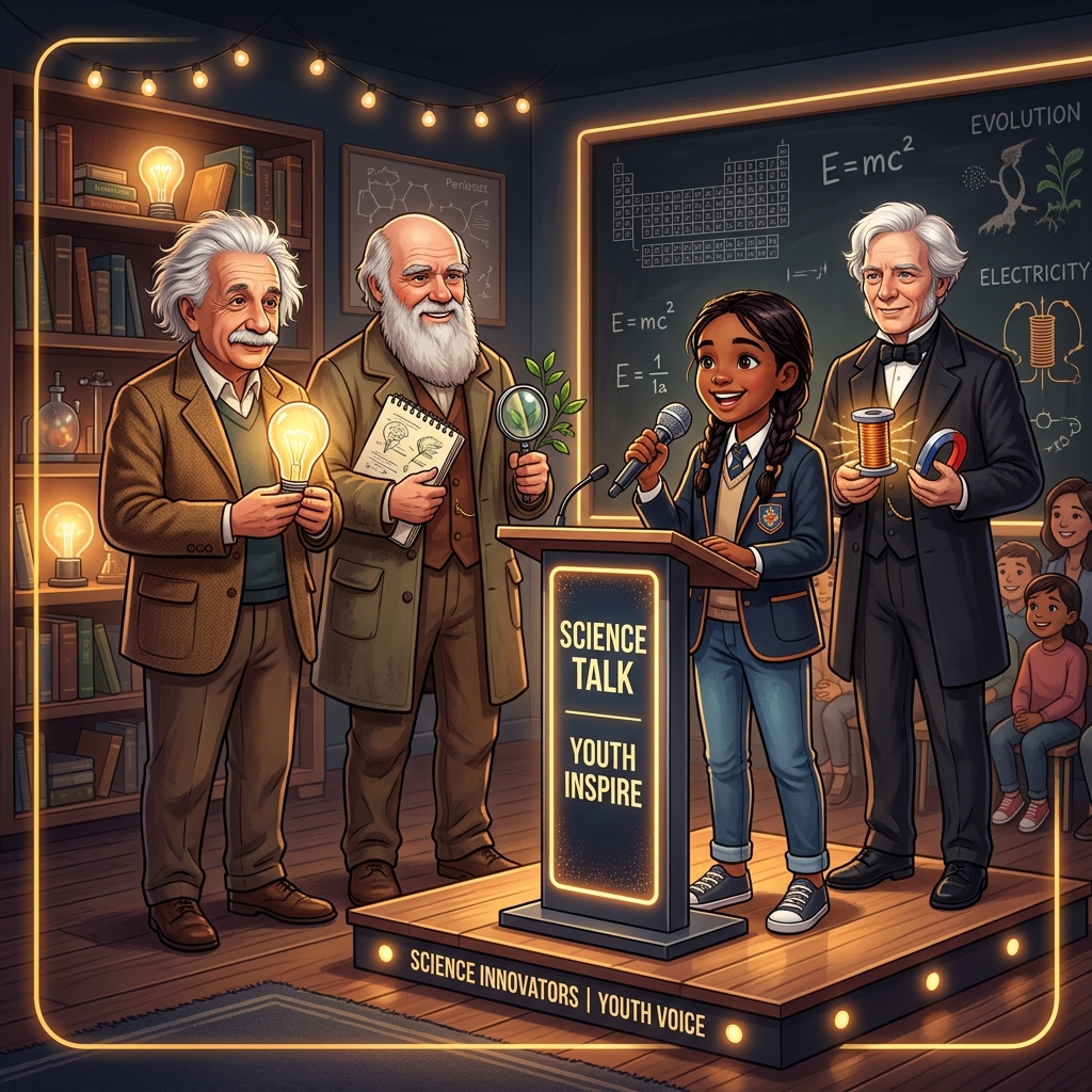 A student presenting confidently on a classroom stage, with Albert Einstein, Charles Darwin, and Michael Faraday smiling encouragingly in the background