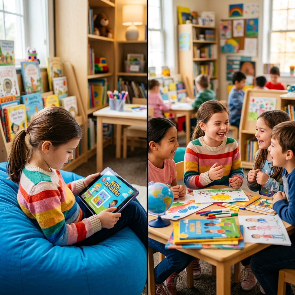 Child looking at tablet vs conversing with friends