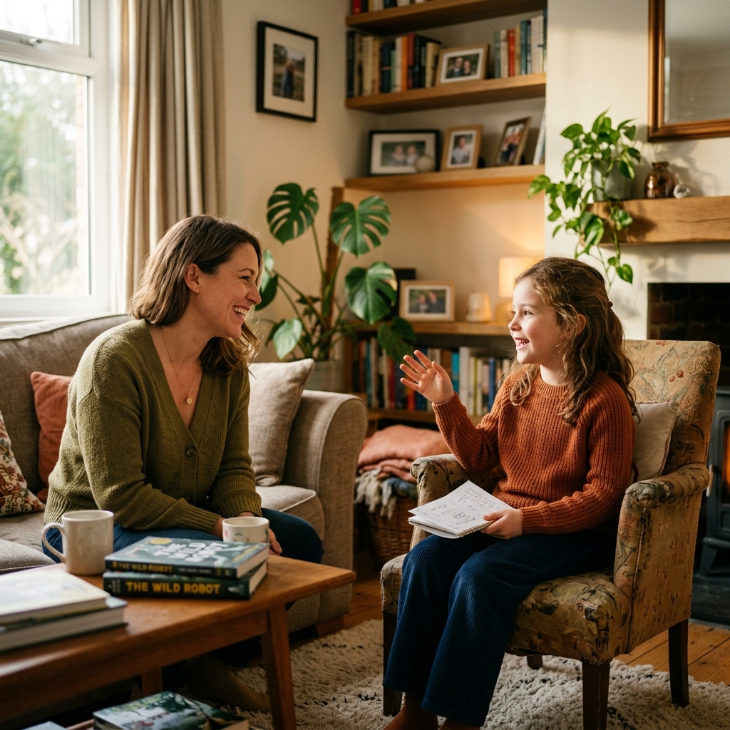 A confident child speaking happily to a smiling parent