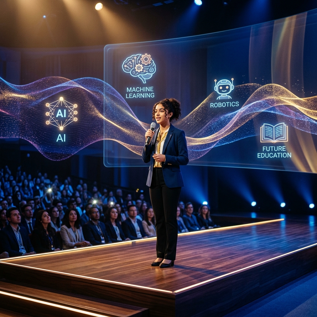 A child speaking confidently on a modern stage with warm lighting and futuristic holographic elements representing AI