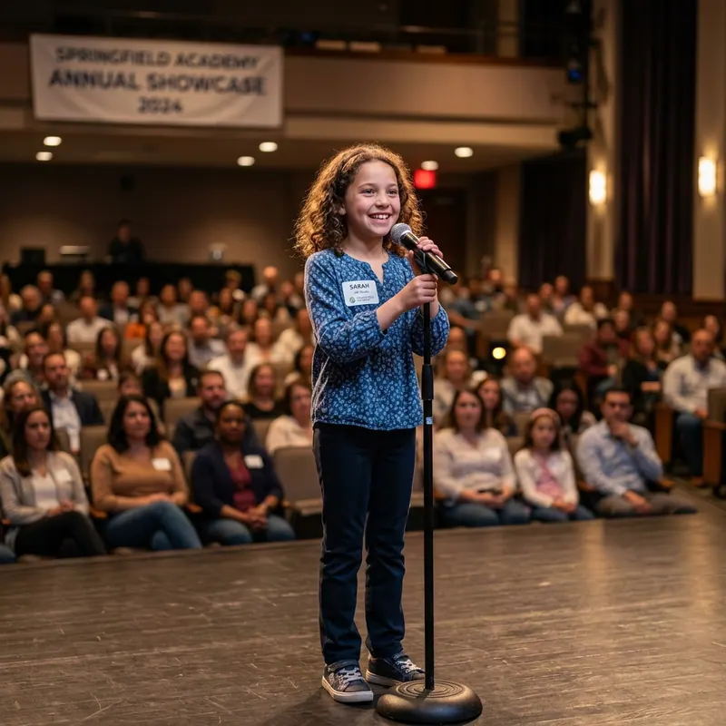 A confident child speaking on stage at a school presentation with soft stage lighting