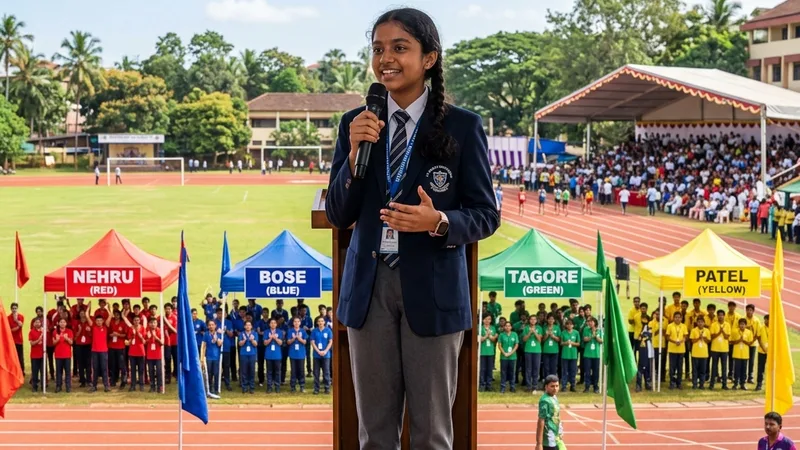 Student anchor hosting a school Sports Day on an outdoor field with microphone