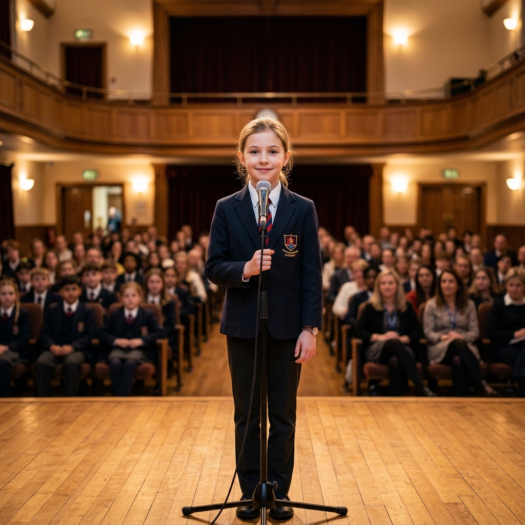 A 10-year-old child standing confidently at a school assembly microphone under warm stage lights