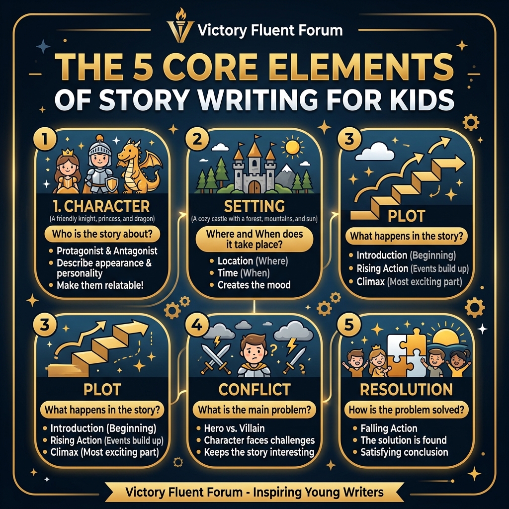 Diagram showing the 5 core elements of story writing for kids: Character, Setting, Plot, Conflict, and Resolution
