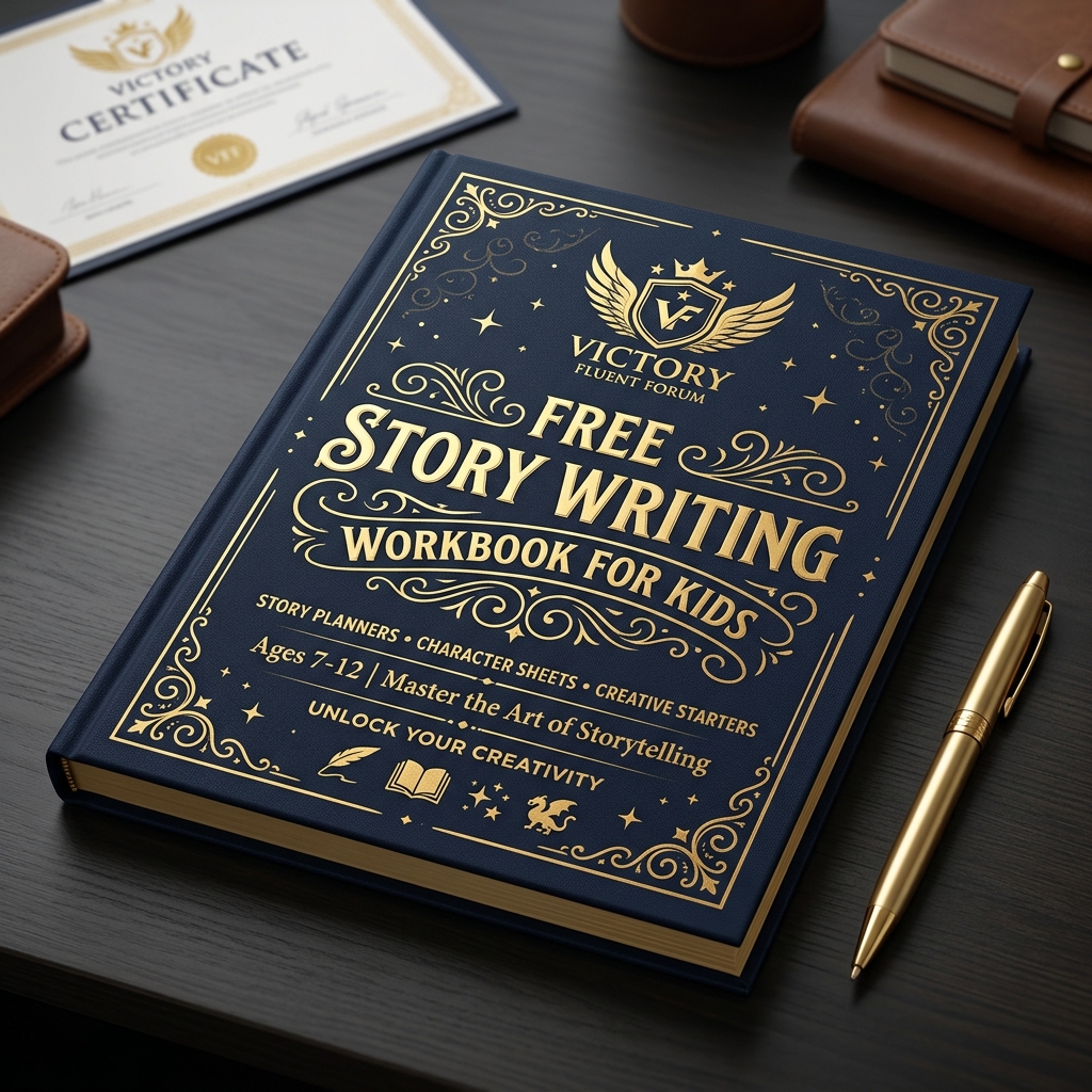 Cover of the Free Story Writing Workbook for Kids by Victory Fluent Forum