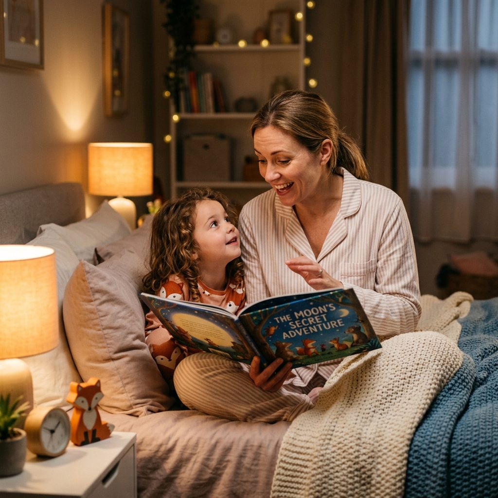 Parent reading a story to a child at bedtime