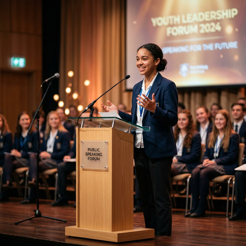 A child student presenting confidently behind a wooden lectern, demonstrating how to improve public speaking