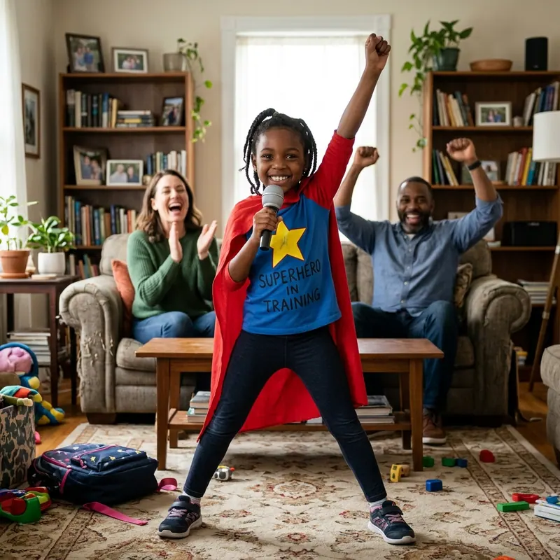 A young student posing in a superhero stance to build speaking confidence
