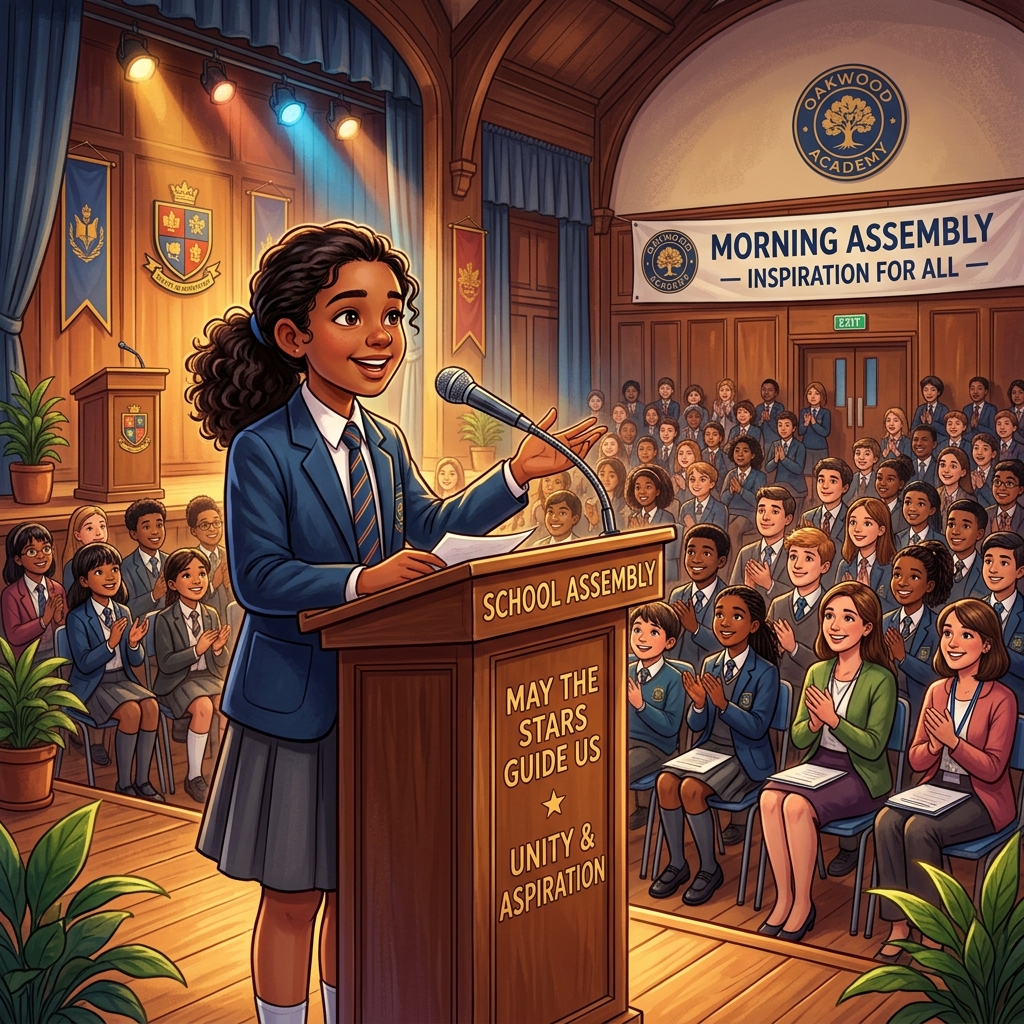 A confident school student presenting the thought for the day at the morning assembly microphone