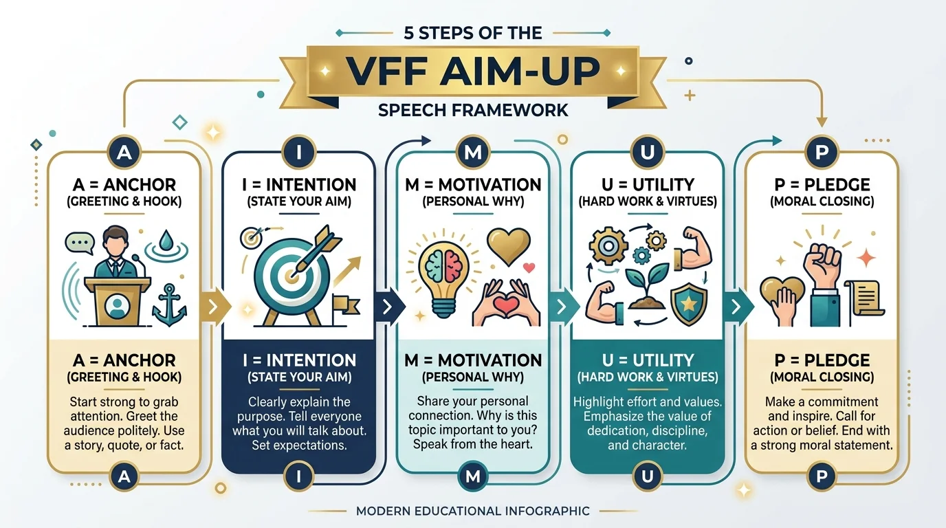 VFF AIM-UP Framework diagram for structuring school speeches