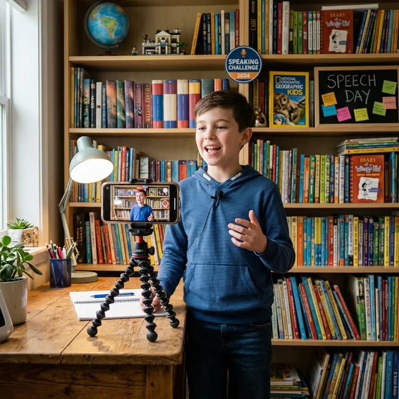 A student recording a public speaking video on a smartphone at home