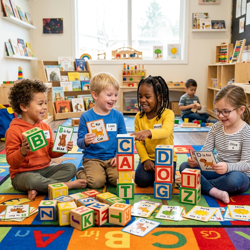 Children playing with colorful letter blocks