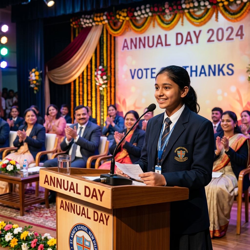 A confident middle school student delivering a vote of thanks speech at the podium microphone during a decorated school Annual Day function