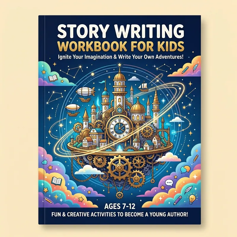 Workbook Cover preview showing floating clockwork architecture